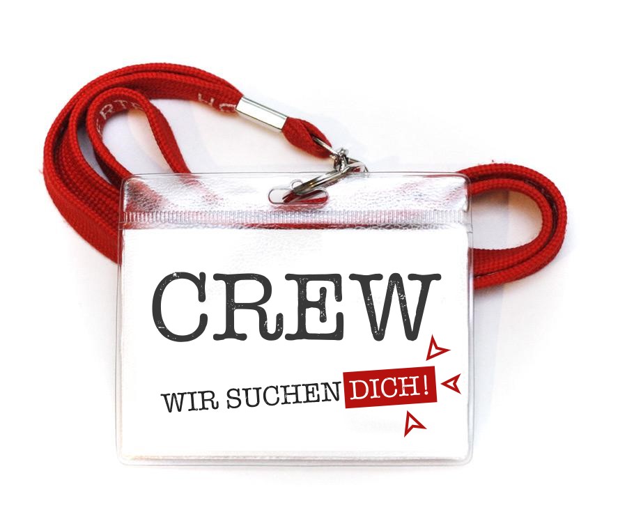 Crew – Wir suchen dich! Ausweishülle an einem roten Schlüsselband.